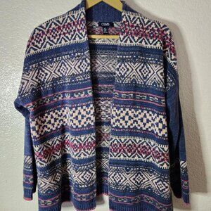 Chaps Women's Open Long Cardigan Blue Southwest Print Cotton Blend Size Medium
